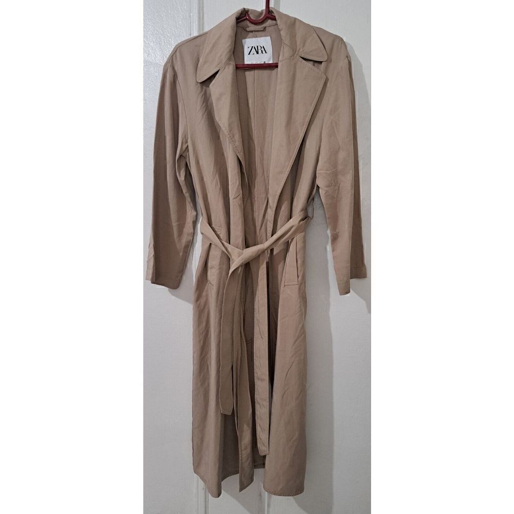 Zara Womens Small LONG Lightweight trench Duster Neutral Beige Tan